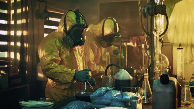 In the Underground Drug Laboratory Clandestine Chemists Wearing Protective Masks and Coveralls Mix Chemicals for Synthesising New Batch of Addictive Narcotics. They Work in the Abandoned Building. 