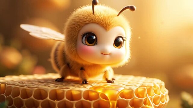 Adorable fuzzy baby bee with big eyes sitting on a sweet honeycomb dripping with golden honey.