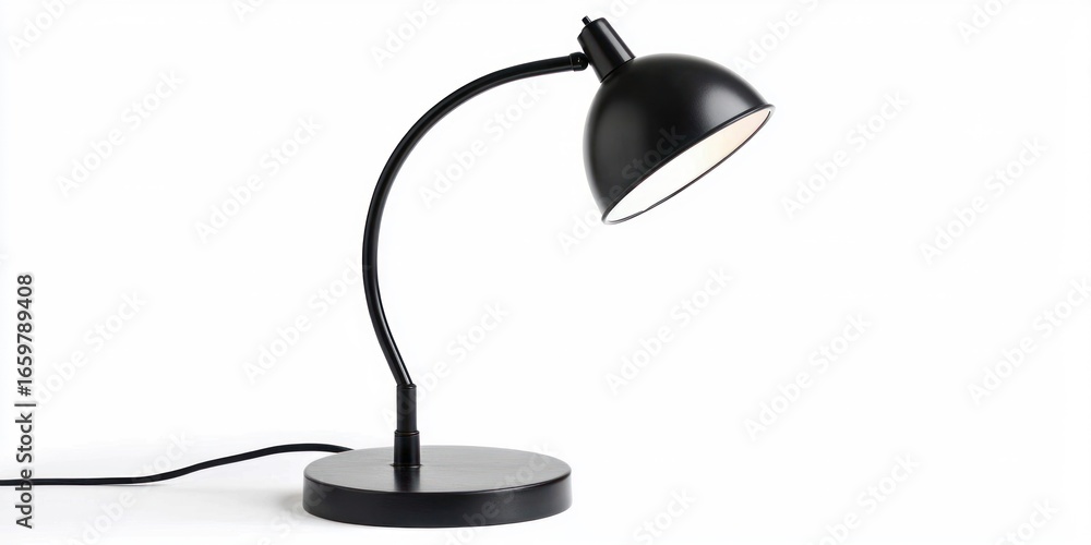 Poster a sleek, black desk lamp with a curved arm and a rounded shade sits on a circular base. the lamp is 