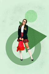 Vertical poster art photo collage of happy businesswoman businessman stand geometric figure...