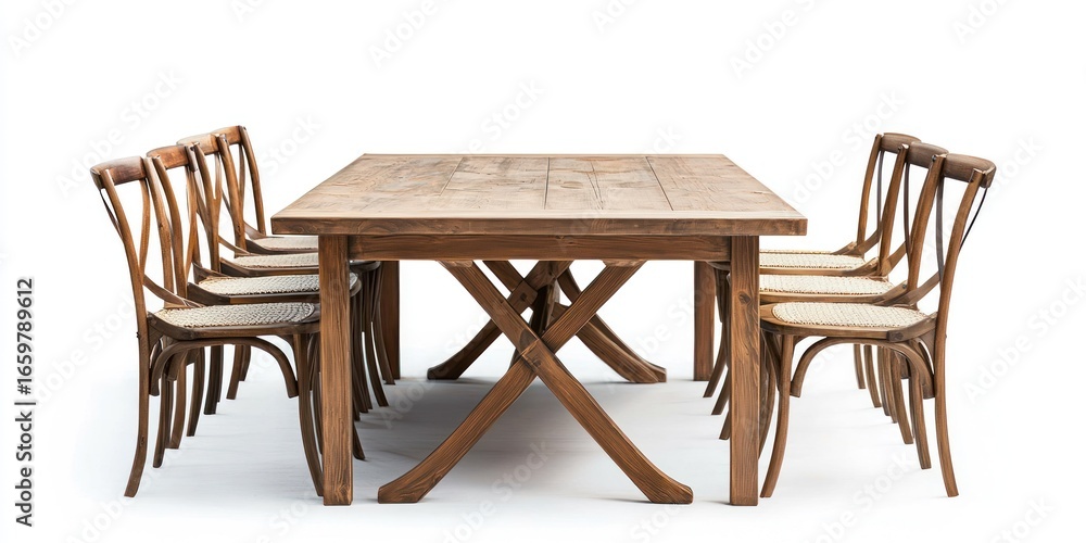 Poster a rustic wooden dining table with six matching chairs is arranged in a row against a white backgroun