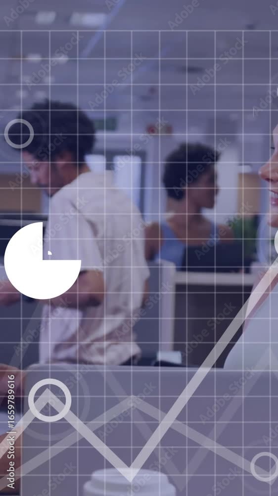 Aufkleber animation of financial data processing with icons over diverse colleagues using laptop in office