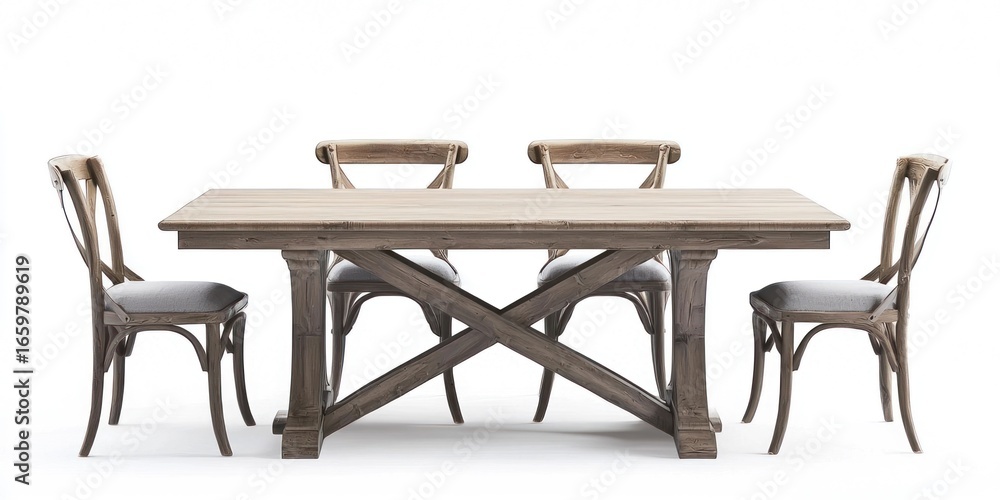 Poster a rustic wooden dining table set with four matching chairs is displayed against a plain white backgr