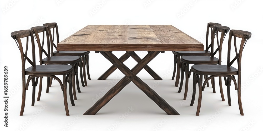 Poster a rustic wooden dining table with six matching chairs is arranged in a row against a plain white bac