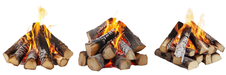 Set of burning logs in a fire isolated on transparent background PNG