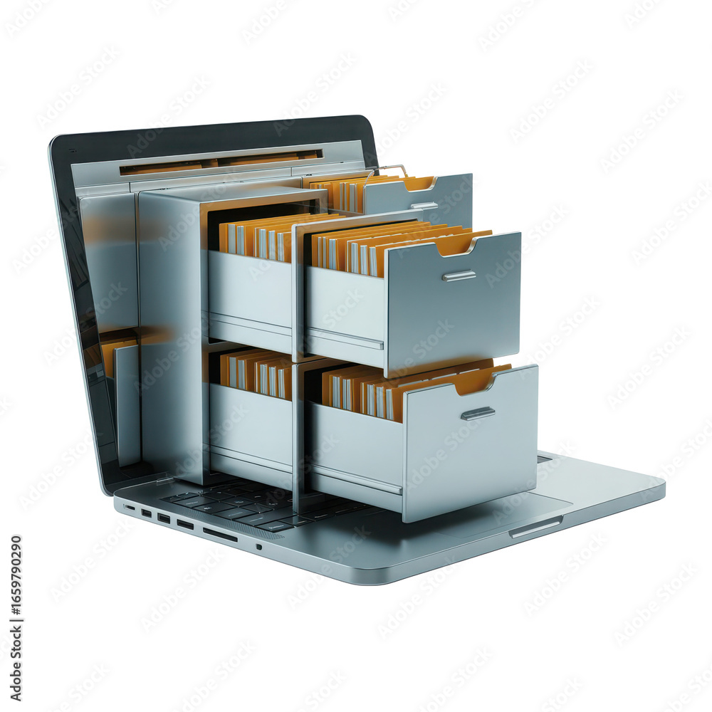 Fototapete digital archive organization digital data management system laptop with filing cabinets for efficien
