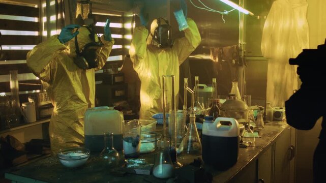 Fully Armed Special Anti-Narcotics DEA Task Forces Soldier Busts Underground Drug Laboratory. A lot of Drug Production Equipment is Lying around. Drug Dealers Arrested