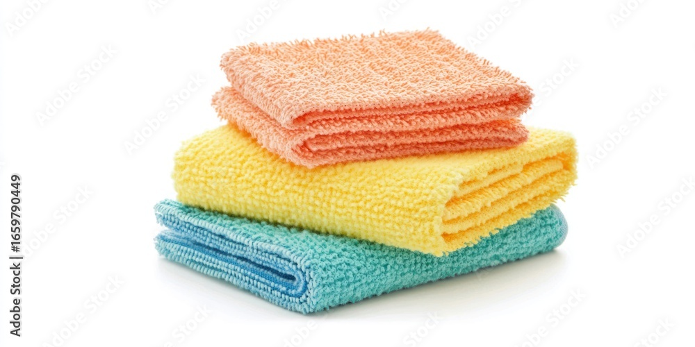 Poster three colorful microfiber cloths are stacked neatly on top of each other. the cloths are arranged in