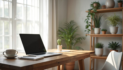 Modern home office setup includes laptop, notebook, coffee cup on wooden desk. Green plants, minimalist decor with copy space ideal for remote work productivity. Telecommuting concept, hybrid work.