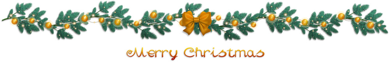 Border garland of Christmas tree branches decorated with golden ornaments.
