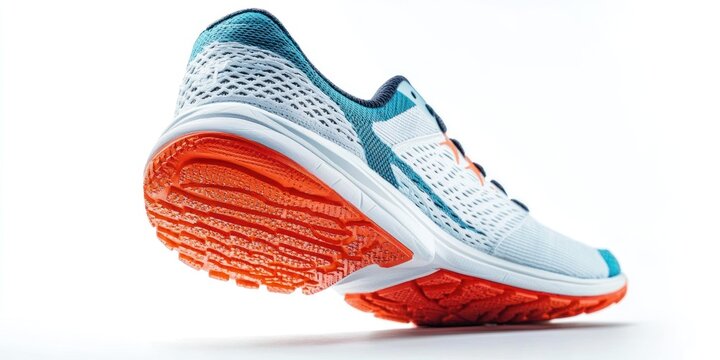 A close-up shot of a blue and white running shoe positioned on a white surface. The shoe features a mesh upper with a vibrant orange accent along the sole and heel.