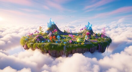 Magical Floating Island Garden with Vibrant Flowers and Crystals