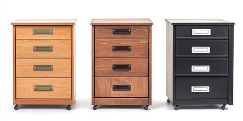 Three small, wooden filing cabinets stand side-by-side on a white surface. Each cabinet has three drawers with black metal handles. The cabinets are available in three different finishes: 