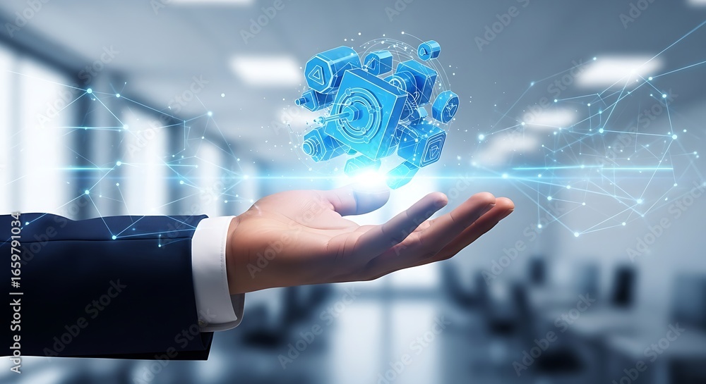 Poster hand holding a glowing digital cube with connected nodes in a modern office setting with desks