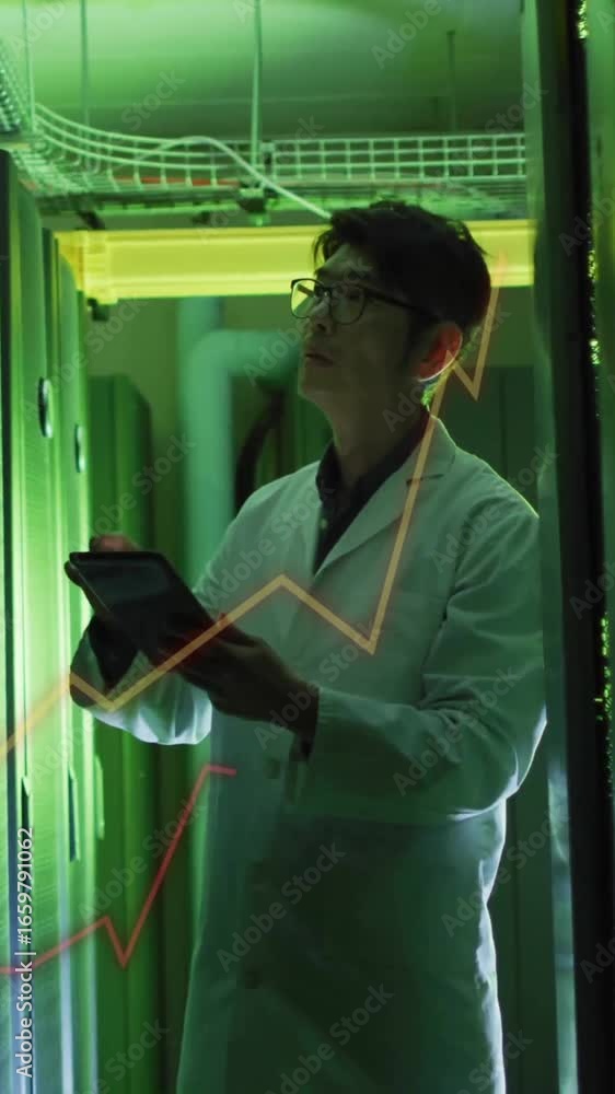 Aufkleber animation of data processing over asian male it technician with tablet over computer servers