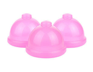 Fototapeta premium Three pink color round baby rattle toys isolated on transparent background.