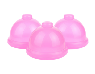 Three pink color round baby rattle toys isolated on transparent background.