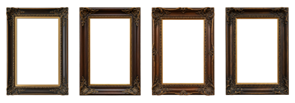 A dark brown ornate picture frames set ( bundle,collection ) with detailed corner carvings and a rope-like inner border on a white background. Isolated transparent background ( cut-out PNG file ).