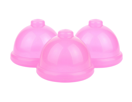 Three pink color round baby rattle toys isolated on transparent background.