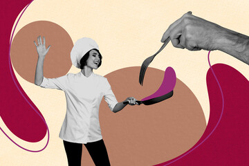 Exclusive creative pop collage of happy cook doctor hold pan hand hold fork restaurant chef prepare...