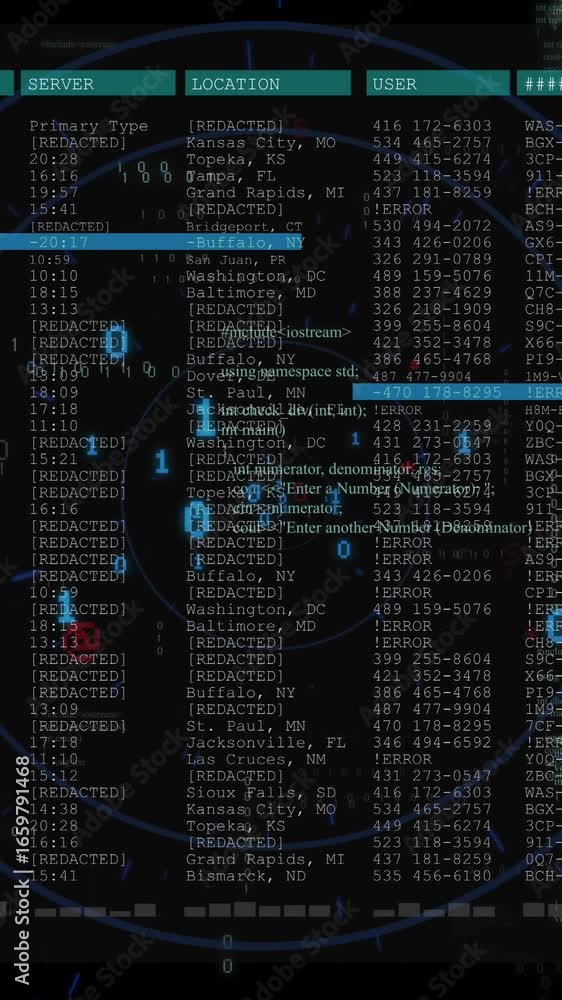 Poster animation of blue lines and binary processing over text data on black background