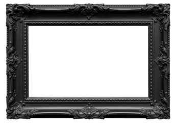 A classic ornate picture frame with a dark black finish and intricate carved floral and acanthus leaf details on a white background. Isolated transparent background ( cut-out PNG file ).