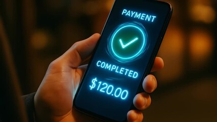 Hand Touching Smartphone Screen Displaying Payment Completed with Neon Blue Glow - Powered by Adobe