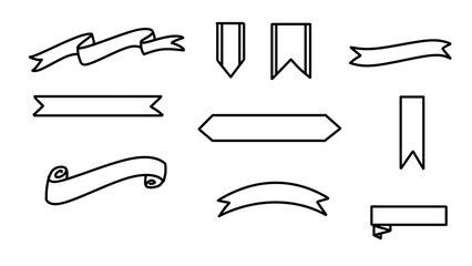 Black and White Ribbon Banner Set: Outline Vector Illustrations of Decorative Page Dividers, Titles, or Emblems on White Background - Graphic Resource