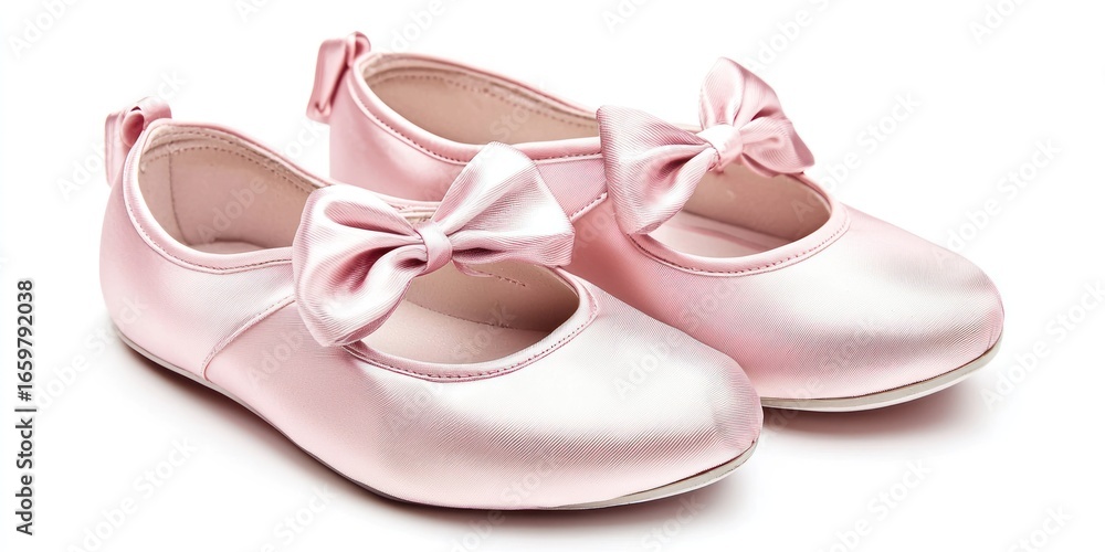 Poster two pink ballet flats are displayed on a white surface. each shoe has a satin upper and a large, sat