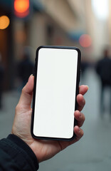 Hand holds black smartphone with blank white screen on blurred cityscape background. Mobile phone device with touch display for business, communication, show presentation. Modern technology for