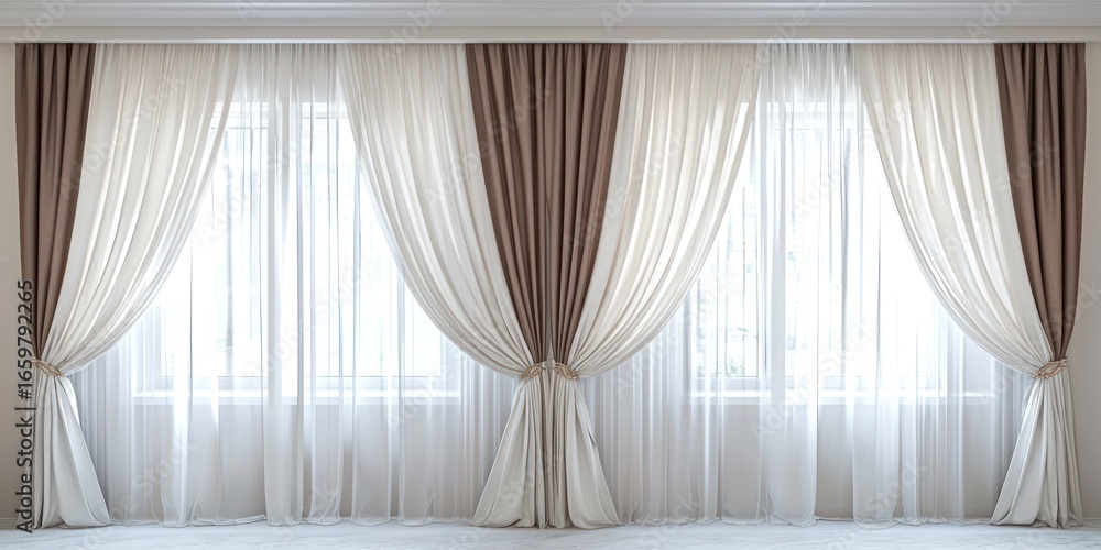 Poster a luxurious window is adorned with layered curtains, creating a sophisticated and elegant look. thre