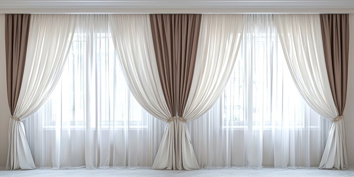 A luxurious window is adorned with layered curtains, creating a sophisticated and elegant look. Three curtains hang in a row, featuring a combination of sheer white fabric, a textured brown curtain - Powered by Adobe