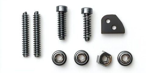 A collection of surgical fixation components rests on a white surface. The components include a metal plate with two holes, several screws of varying lengths and head types, and small washers. 