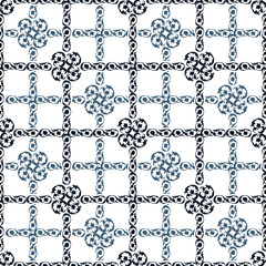 A seamless pattern with intricate dark blue and light blue ornamental cross-like and floral shapes, creating a elegant  design perfect for backgrounds, wallpapers an scrapbooking