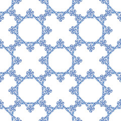 A seamless pattern with delicate blue and white ornamental motifs forming connected circular and floral shapes on a  white background, Ready for print on textile, wallpaper, wrapping paper