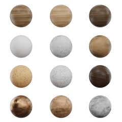 Ball sphere in various material styles set pack isolated background 3d rendering	
