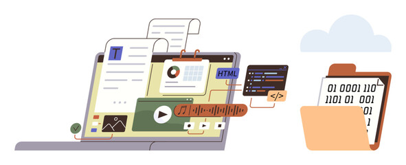 Laptop displaying documents, charts, coding editor, and media files, with folder transferring binary data to cloud. Ideal for data processing, coding, content creation, cloud storage automation