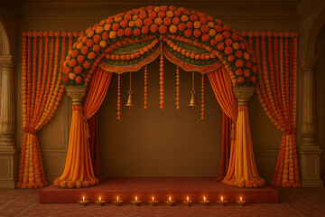 Elegant Ganpati mandap with vibrant floral arches and lighting