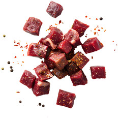 Exquisite Game Meat Cubes Tumbling with Scattering Mixed Spices