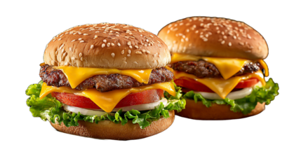 Two delicious cheeseburgers with sesame seed buns on a black background