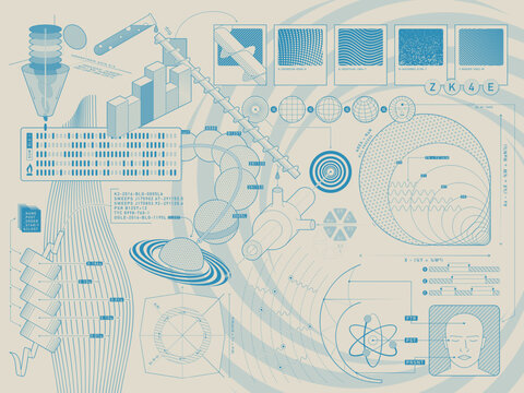 Complex Science and Technology Vector Blueprint. A detailed technical diagram with interconnected elements like atoms, planets... Ideal for research, engineering, and innovation concepts