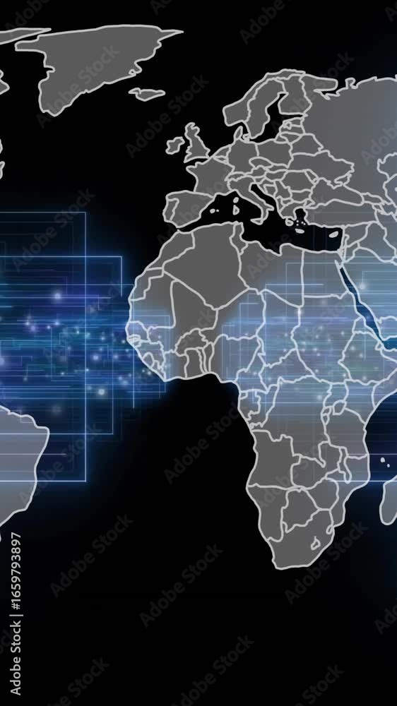 Aufkleber animation of digital data processing with world map over black background