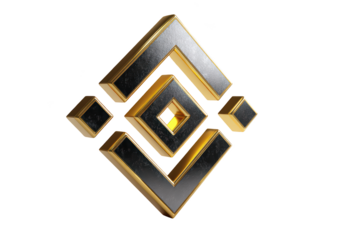 Geometric symbol, dark gray/black and gold.  Diamond shape, 3D effect,  faceted cubes