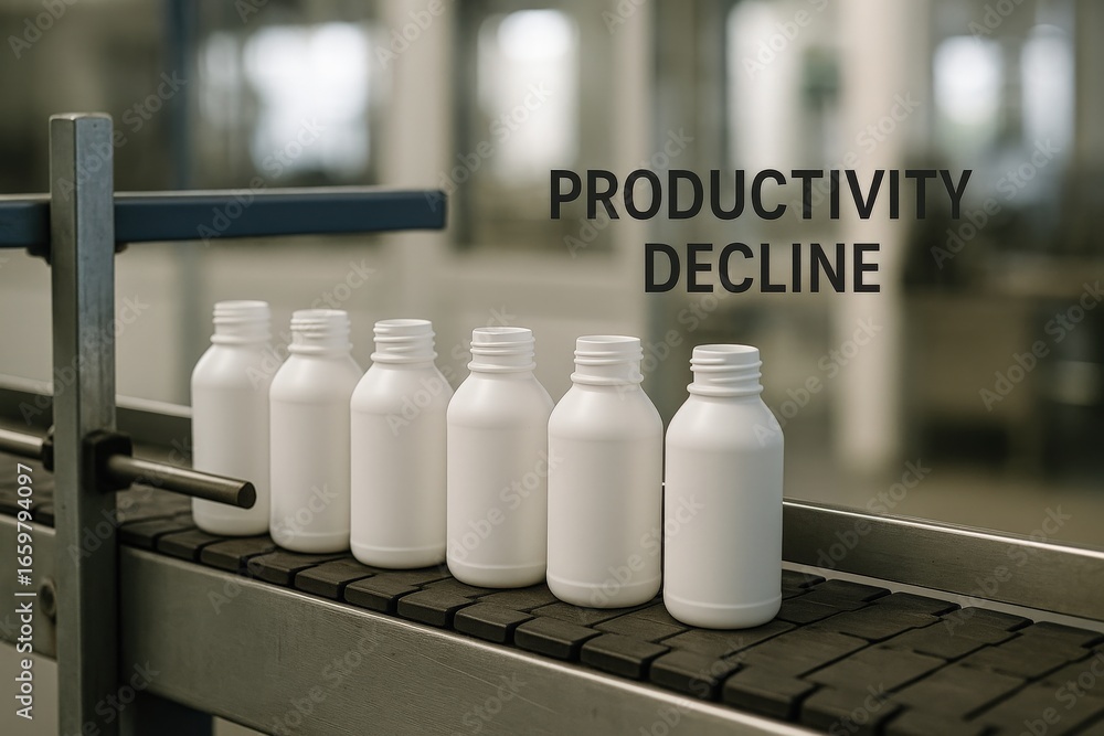 Poster efficiency recession concept. empty bottles symbolize productivity decline in a factory setting.