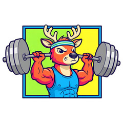 Strong Cartoon Deer Gym Lifter with Muscular Arms and Barbell in Bright Colorful Background