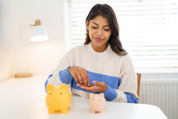Woman counts coins while sitting at a table with piggy banks in a bright, modern home during the...