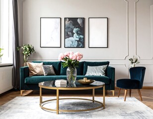 Elegant Parisian Living Room with Teal Velvet Sofa Pink Peonies Gold Coffee Table and Decorative Wall Art