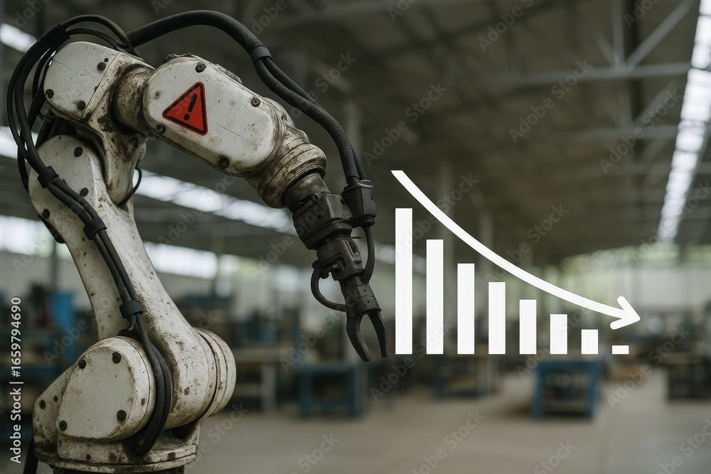 Poster efficiency recession concept. industrial robot arm with a declining graph overlay.