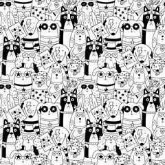 Seamless black and white pattern featuring cartoon dogs as rock musicians.