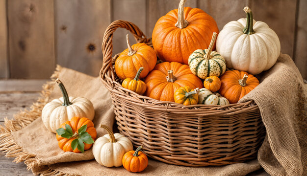 Assorted pumpkins in a wicker basket with burlap background   - Powered by Adobe